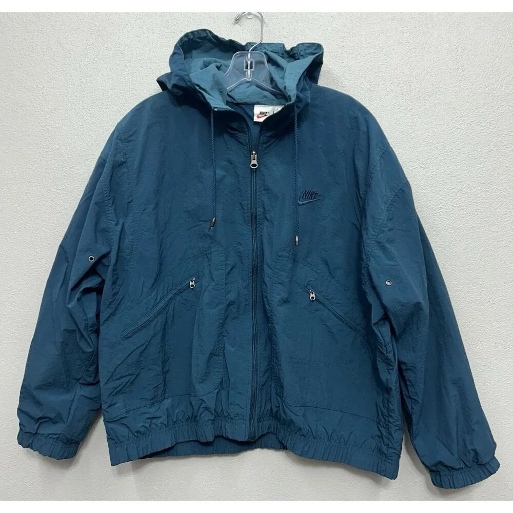Vintage 90s Nike Jacket Women Medium 10-12 Teal Blue Track Windbreaker Boxy Coat
